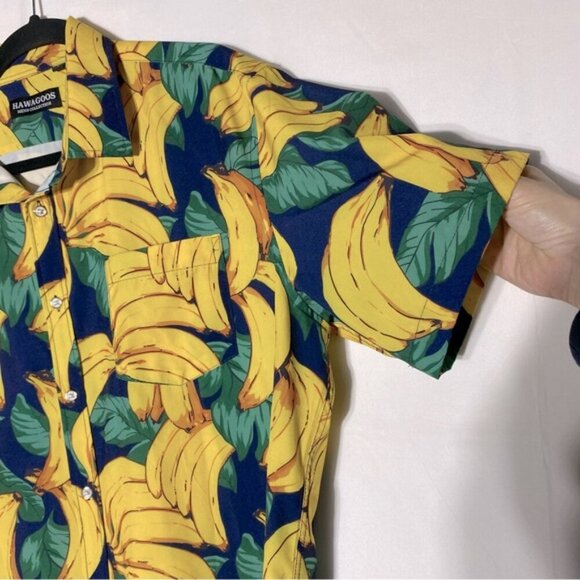 Hawagoos Yellow Green Banana Print Casual Short Sleeve Button Up Shirt L - Picture 12 of 14